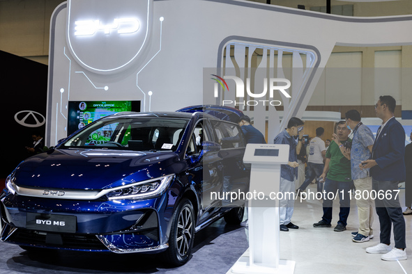 BYD M6 EV (Electric Vehicle) is displayed during The Gaikindo Jakarta Auto Week in Tangerang, Indonesia, on November 22, 2024. The show, the...