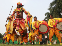 Indian tribal people from Purulia perform traditional folk dances during the West Bengal Government-hosted ''Jangalmahal Utsav'' in Kolkata,...