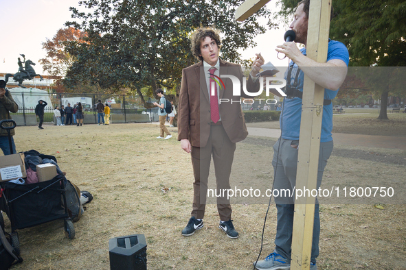 Journalist and YouTuber Andrew Callaghan is seen at Lafayette Square in Washington DC on 5 November, 2024. 