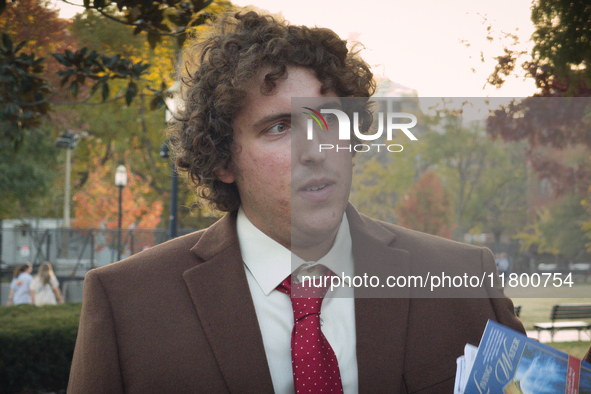 Journalist and YouTuber Andrew Callaghan is seen at Lafayette Square in Washington DC on 5 November, 2024. 