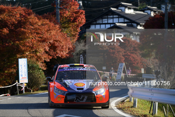 Driver Thierry Neuville and co-driver Martijn Wydaeghe of the Hyundai Shell Mobis World Rally Team, in a Hyundai I20 N Rally1 Hybrid, face t...