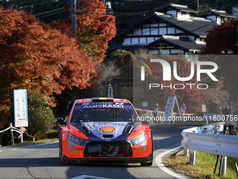 Driver Thierry Neuville and co-driver Martijn Wydaeghe of the Hyundai Shell Mobis World Rally Team, in a Hyundai I20 N Rally1 Hybrid, face t...