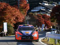 Driver Thierry Neuville and co-driver Martijn Wydaeghe of the Hyundai Shell Mobis World Rally Team, in a Hyundai I20 N Rally1 Hybrid, face t...