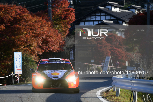 Driver Ott Tanak and co-driver Martin Jarveoja of the Hyundai Shell Mobis World Rally Team, in a Hyundai i20 N Rally1 Hybrid, face the secon...