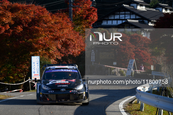 Driver Takamoto Katsuta and co-driver Aaron Johnston of Team Toyota Gazoo Racing WRT, in a Toyota GR Yaris Rally1 Hybrid, face the second da...