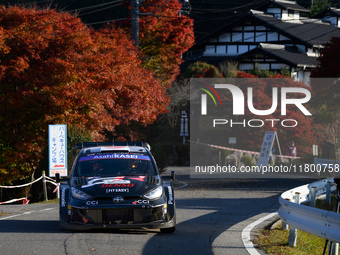 Driver Takamoto Katsuta and co-driver Aaron Johnston of Team Toyota Gazoo Racing WRT, in a Toyota GR Yaris Rally1 Hybrid, face the second da...