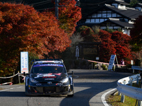 Driver Takamoto Katsuta and co-driver Aaron Johnston of Team Toyota Gazoo Racing WRT, in a Toyota GR Yaris Rally1 Hybrid, face the second da...