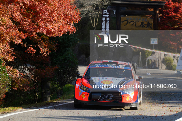 Driver Andreas Mikkelsen and co-driver Torstein Eriksen of the Hyundai Shell Mobis World Rally Team, in a Hyundai i20 N Rally1 Hybrid, face...