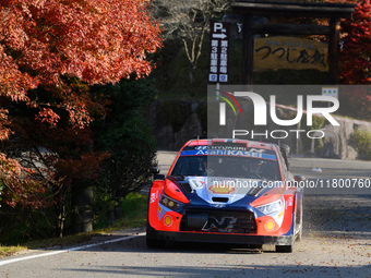 Driver Andreas Mikkelsen and co-driver Torstein Eriksen of the Hyundai Shell Mobis World Rally Team, in a Hyundai i20 N Rally1 Hybrid, face...