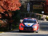 Driver Andreas Mikkelsen and co-driver Torstein Eriksen of the Hyundai Shell Mobis World Rally Team, in a Hyundai i20 N Rally1 Hybrid, face...