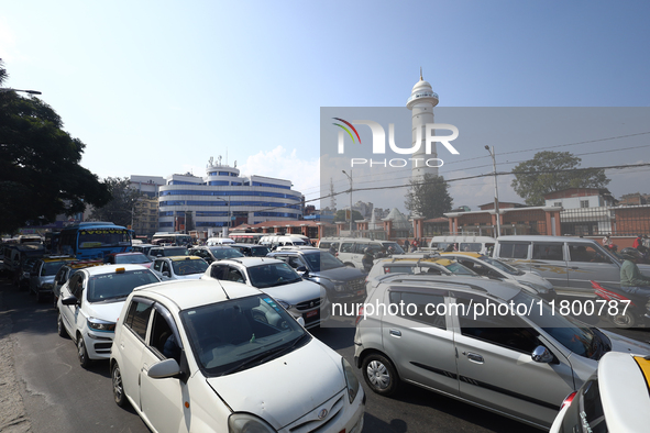 Vehicles are stuck on the roads of Kathmandu, Nepal, on November 22, 2024, as the ruling CPN-UML stages a show of power in the capital. 