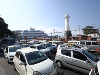 Vehicles are stuck on the roads of Kathmandu, Nepal, on November 22, 2024, as the ruling CPN-UML stages a show of power in the capital. (