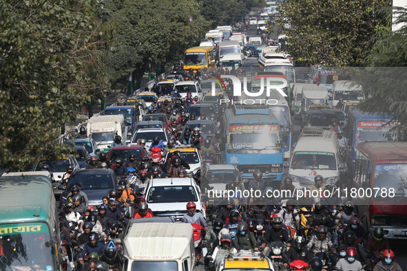 Vehicles are stuck on the roads of Kathmandu, Nepal, on November 22, 2024, as the ruling CPN-UML stages a show of power in the capital. 