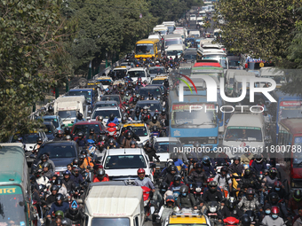 Vehicles are stuck on the roads of Kathmandu, Nepal, on November 22, 2024, as the ruling CPN-UML stages a show of power in the capital. (