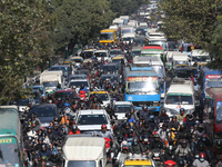 Vehicles are stuck on the roads of Kathmandu, Nepal, on November 22, 2024, as the ruling CPN-UML stages a show of power in the capital. (