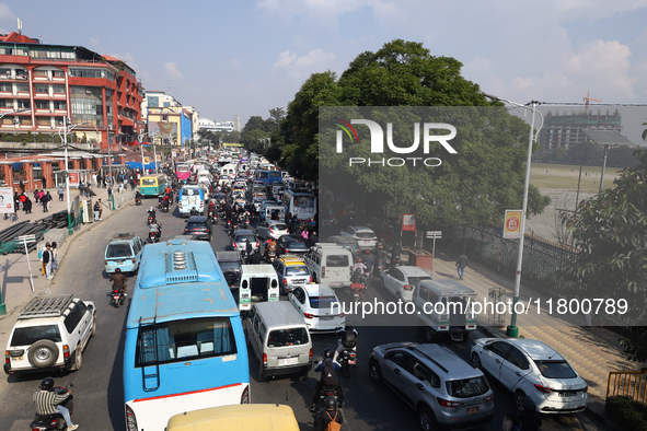 Vehicles are stuck on the roads of Kathmandu, Nepal, on November 22, 2024, as the ruling CPN-UML stages a show of power in the capital. 