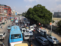 Vehicles are stuck on the roads of Kathmandu, Nepal, on November 22, 2024, as the ruling CPN-UML stages a show of power in the capital. (