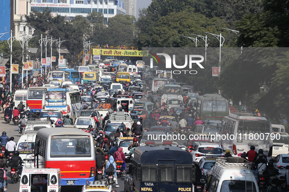 Vehicles are stuck on the roads of Kathmandu, Nepal, on November 22, 2024, as the ruling CPN-UML stages a show of power in the capital. 