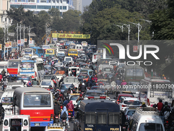 Vehicles are stuck on the roads of Kathmandu, Nepal, on November 22, 2024, as the ruling CPN-UML stages a show of power in the capital. (