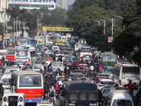 Vehicles are stuck on the roads of Kathmandu, Nepal, on November 22, 2024, as the ruling CPN-UML stages a show of power in the capital. (