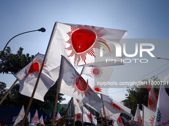 A cadre of Nepal's ruling CPN-UML holds the party flag during a protest in Kathmandu, Nepal, on November 22, 2024. (