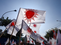 A cadre of Nepal's ruling CPN-UML holds the party flag during a protest in Kathmandu, Nepal, on November 22, 2024. (