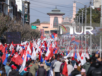 Cadres and supporters of CPN-UML hold a rally in the streets of Kathmandu as they take part in the show of power called by the party in Kath...