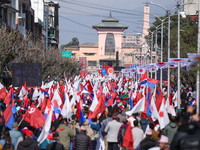 Cadres and supporters of CPN-UML hold a rally in the streets of Kathmandu as they take part in the show of power called by the party in Kath...