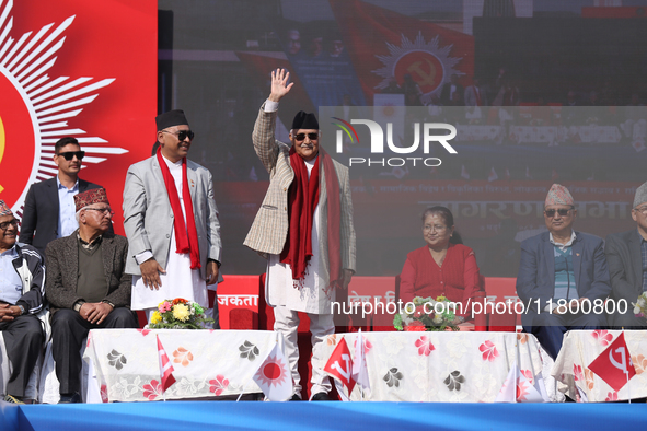 Nepal Prime Minister KP Sharma Oli (center) waves towards the party cadres and supporters during a rally in Kathmandu, Nepal, on November 22...