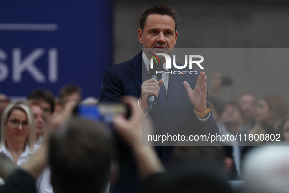 In Krakow, Poland, on November 16, 2024, candidate for president in the primaries Rafal Trzaskowski attends a meeting at Hala Com-Com Zone i...