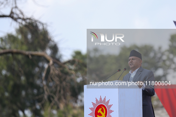 Secretary General of Nepal's CPN-UML, Shankar Pokhrel, addresses a mass gathering organized in Kathmandu, Nepal, on November 22, 2024. 