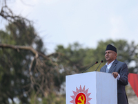 Secretary General of Nepal's CPN-UML, Shankar Pokhrel, addresses a mass gathering organized in Kathmandu, Nepal, on November 22, 2024. (