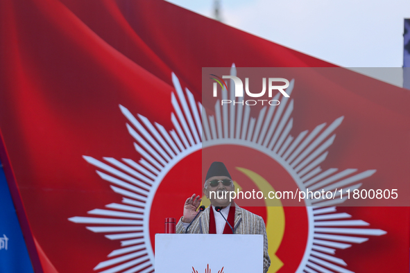 Nepal Prime Minister KP Sharma Oli (Center) addresses a mass gathering in Kathmandu, Nepal, on November 22, 2024. 