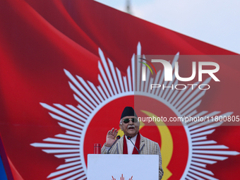 Nepal Prime Minister KP Sharma Oli (Center) addresses a mass gathering in Kathmandu, Nepal, on November 22, 2024. (