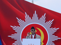 Nepal Prime Minister KP Sharma Oli (Center) addresses a mass gathering in Kathmandu, Nepal, on November 22, 2024. (