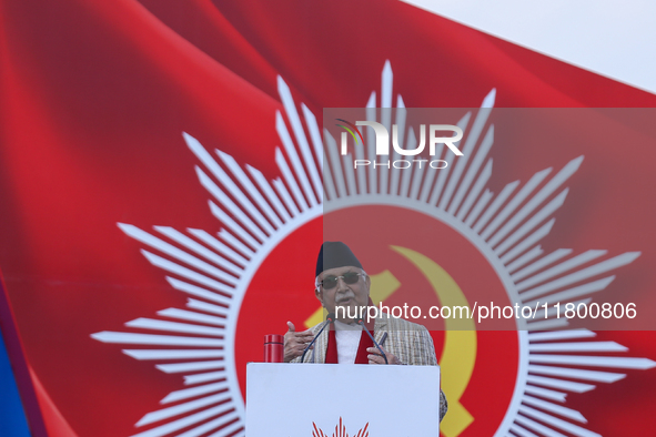 Nepal Prime Minister KP Sharma Oli (Center) addresses a mass gathering in Kathmandu, Nepal, on November 22, 2024. 