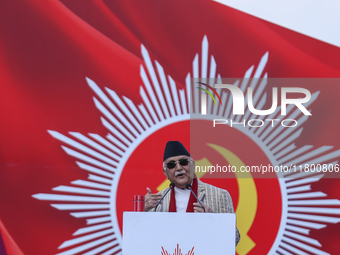 Nepal Prime Minister KP Sharma Oli (Center) addresses a mass gathering in Kathmandu, Nepal, on November 22, 2024. (