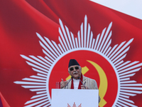 Nepal Prime Minister KP Sharma Oli (Center) addresses a mass gathering in Kathmandu, Nepal, on November 22, 2024. (