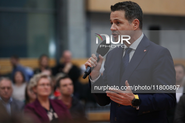 In Krakow, Poland, on November 16, 2024, candidate for president in the primaries Rafal Trzaskowski attends a meeting at Hala Com-Com Zone i...