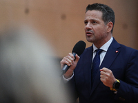 In Krakow, Poland, on November 16, 2024, candidate for president in the primaries Rafal Trzaskowski attends a meeting at Hala Com-Com Zone i...