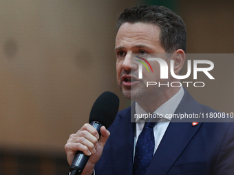 In Krakow, Poland, on November 16, 2024, candidate for president in the primaries Rafal Trzaskowski attends a meeting at Hala Com-Com Zone i...