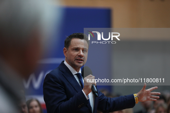 In Krakow, Poland, on November 16, 2024, candidate for president in the primaries Rafal Trzaskowski attends a meeting at Hala Com-Com Zone i...