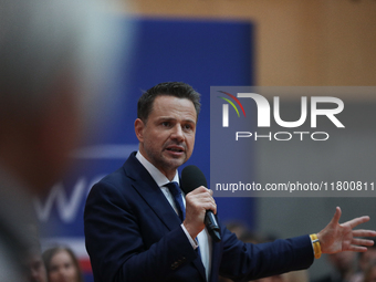 In Krakow, Poland, on November 16, 2024, candidate for president in the primaries Rafal Trzaskowski attends a meeting at Hala Com-Com Zone i...