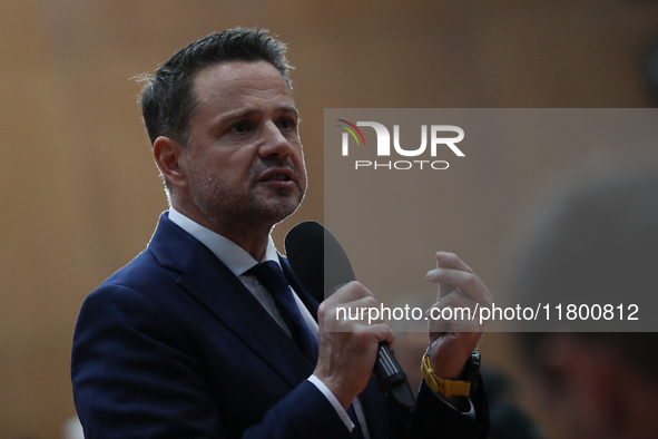 In Krakow, Poland, on November 16, 2024, candidate for president in the primaries Rafal Trzaskowski attends a meeting at Hala Com-Com Zone i...