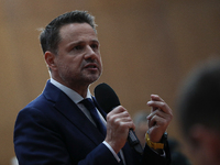 In Krakow, Poland, on November 16, 2024, candidate for president in the primaries Rafal Trzaskowski attends a meeting at Hala Com-Com Zone i...