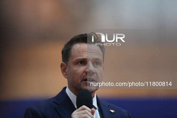 In Krakow, Poland, on November 16, 2024, candidate for president in the primaries Rafal Trzaskowski attends a meeting at Hala Com-Com Zone i...