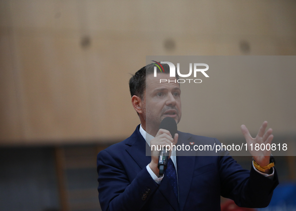 In Krakow, Poland, on November 16, 2024, candidate for president in the primaries Rafal Trzaskowski attends a meeting at Hala Com-Com Zone i...