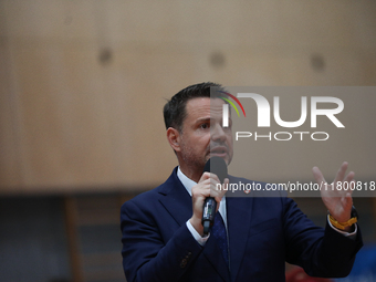 In Krakow, Poland, on November 16, 2024, candidate for president in the primaries Rafal Trzaskowski attends a meeting at Hala Com-Com Zone i...