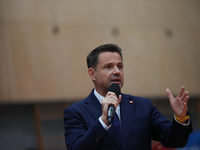 In Krakow, Poland, on November 16, 2024, candidate for president in the primaries Rafal Trzaskowski attends a meeting at Hala Com-Com Zone i...