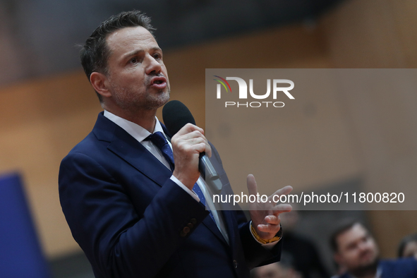 In Krakow, Poland, on November 16, 2024, candidate for president in the primaries Rafal Trzaskowski attends a meeting at Hala Com-Com Zone i...